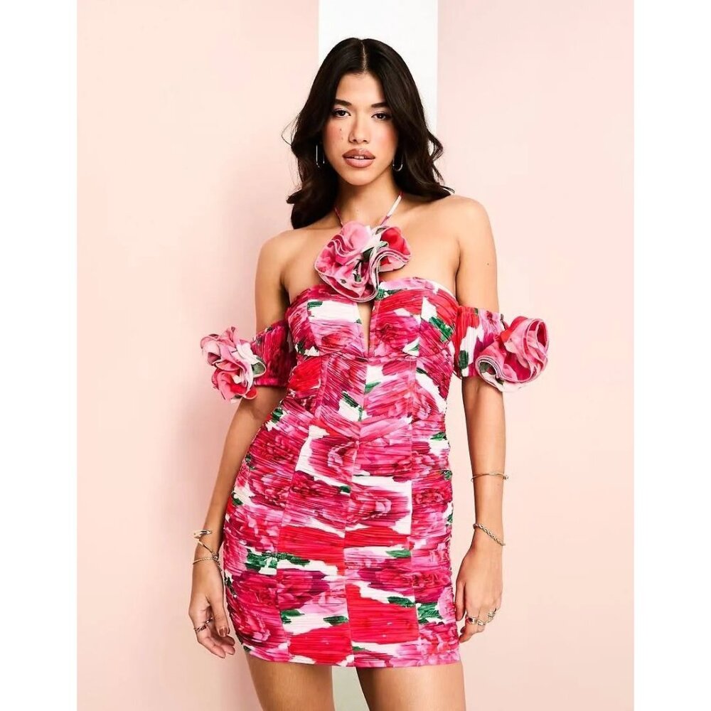 NEW ASOS LUXE Womens Sz 6 Pink mini Floral dress corset Ruched Summer Party Sexy